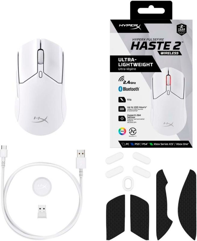 HyperX Mouse Pulsefire Haste 2, RGB, USB-A/WL/BT, white