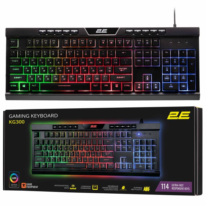 Клавіатура мембранна 2E GAMING KG300 114key, USB-A, EN/UA, LED, чорний