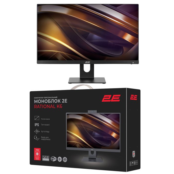 Комп'ютер персональний моноблок 2E Rational K6 23.8" FHD IPS Intel i3-12100, 16Gb, F256GB, UMA, H610, K6.610, 120W, FreeDos, чорний