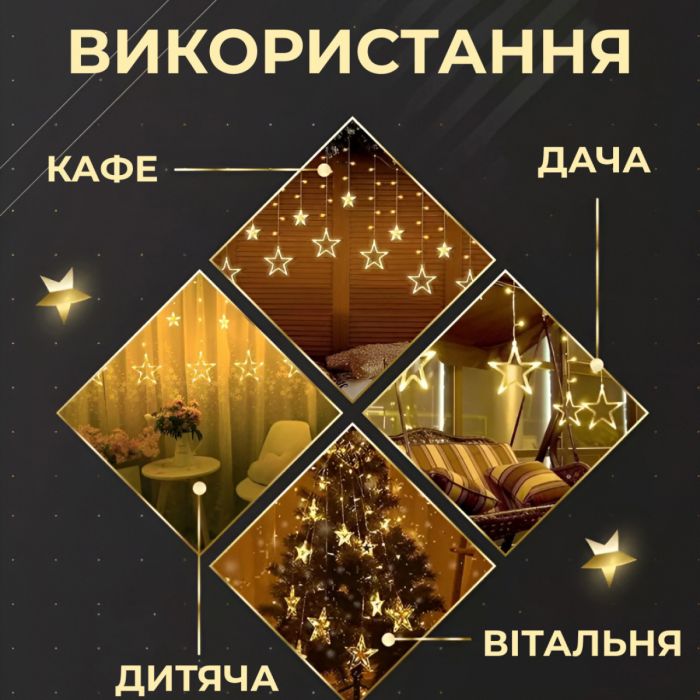 Гірлянда штора світлодіодна GarlandoPro зірка та ялинка 120LED 3х0,9 м 8 режимів Жовтий 1733072Y