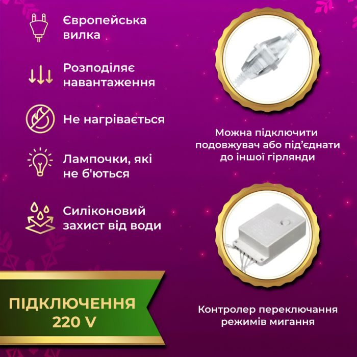Гірлянда штора світлодіодна GarlandoPro Роса 200LED 3х2м 10 ліній 8 режимів гірлянда крапля роси 173301ML