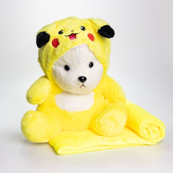 М'яка іграшка-плед, подушка 3 в 1 Ведмедик Тедді в костюмі Пікачу плед в іграшці 40×35×15 (см) дитячий плед іграшка Жовтий 520-2Y